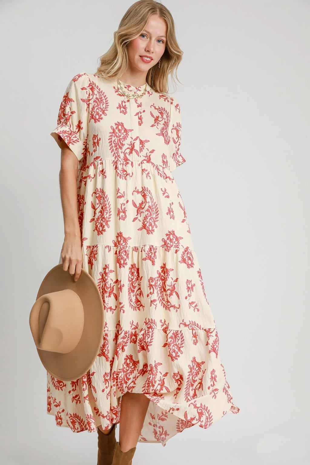 plus size red and cream printed midi dress