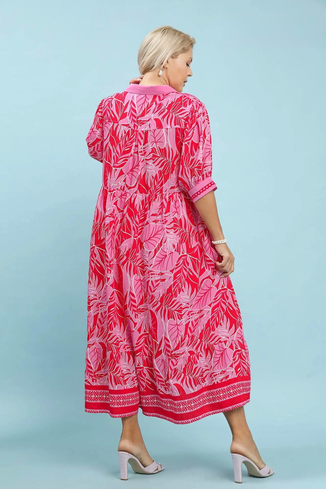 Umgee red and pink tropical palm print plus size midi dress with red embroidery trim and flowy silhouette