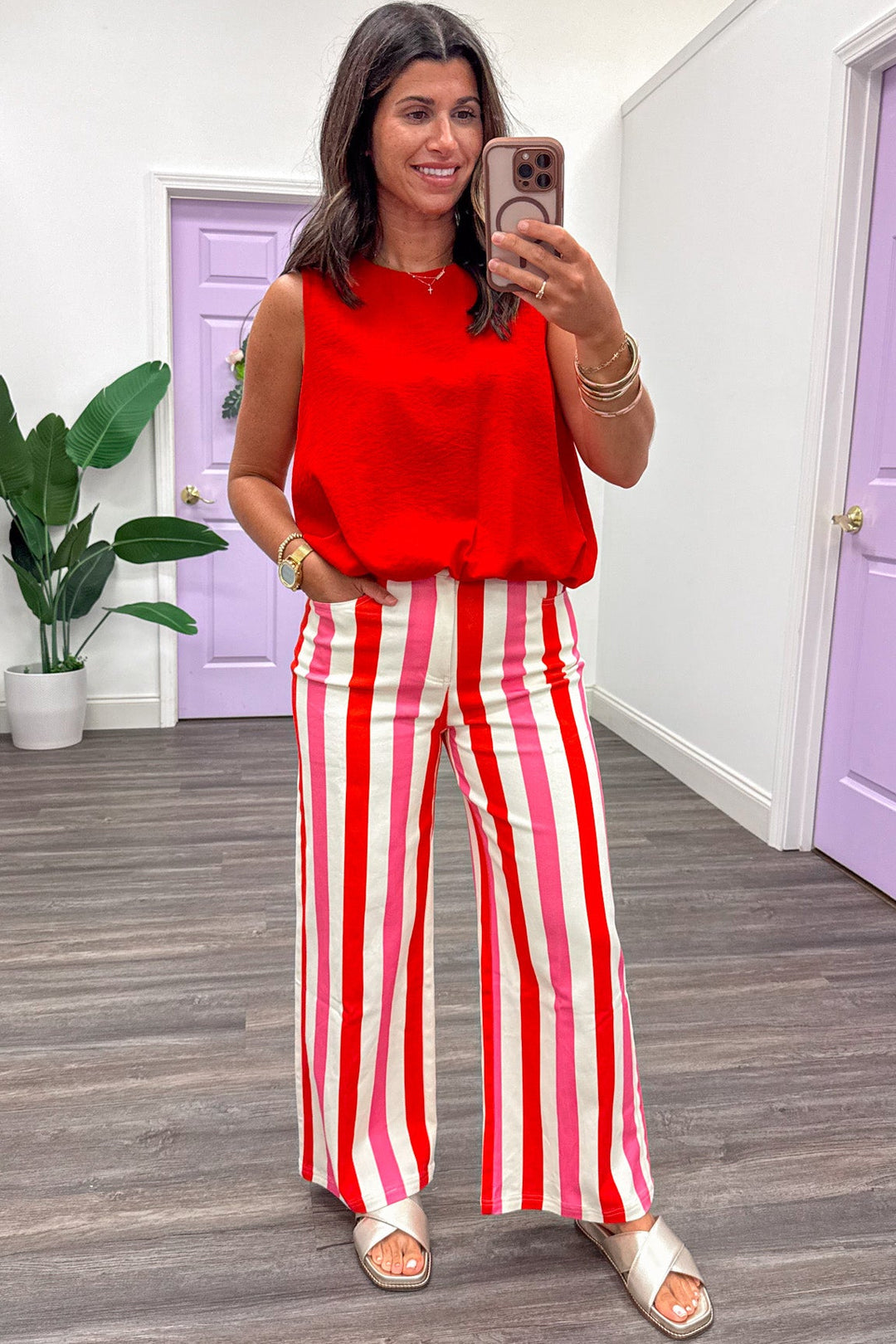 red pink and cream vertical striped twill denim cropped ankle wide leg pants
