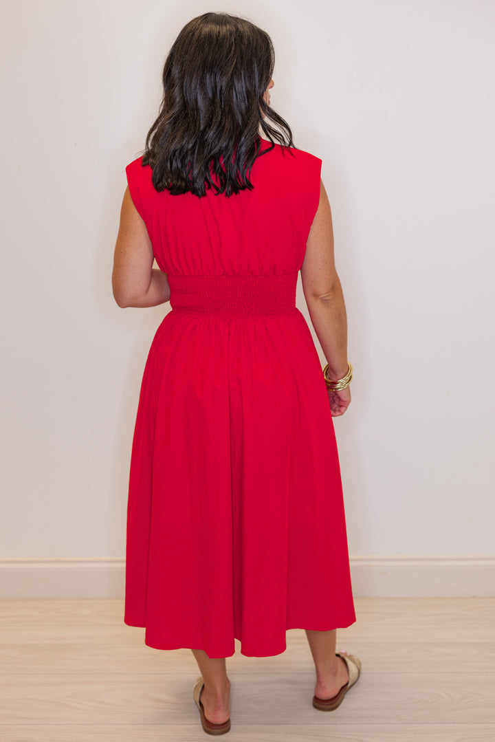 red smocked waist zipper midi dress back