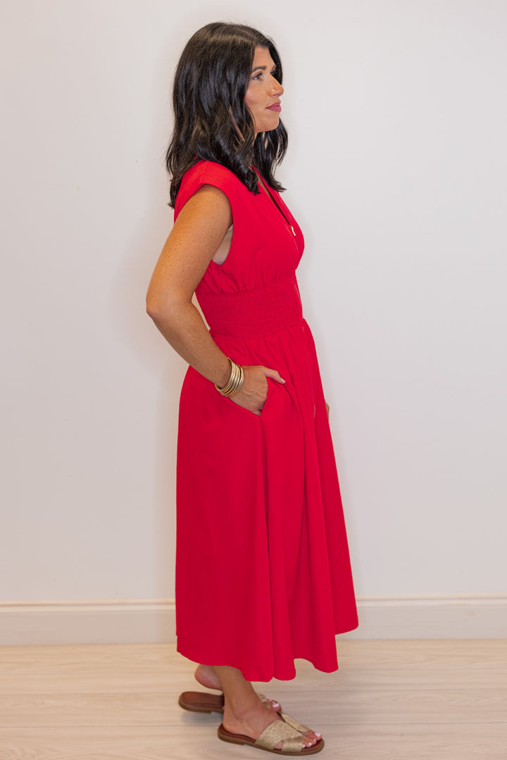 red smocked waist zipper midi dress side