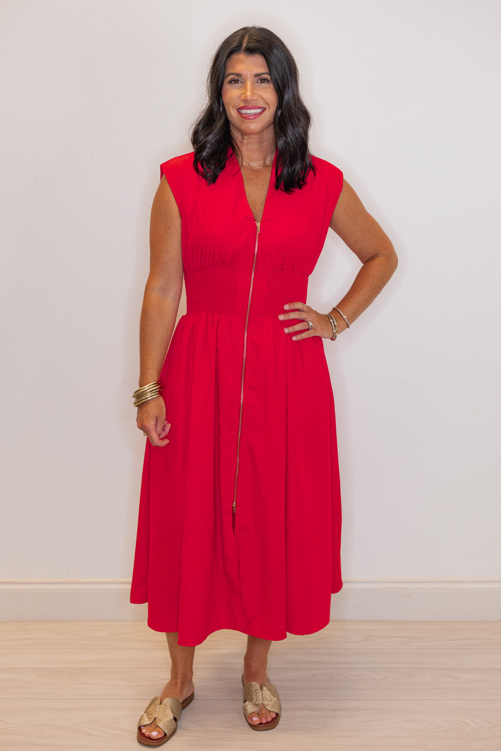 red smocked waist zipper midi