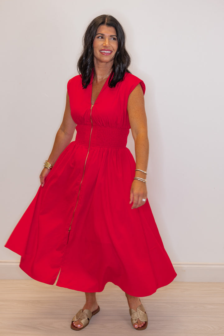 red smocked waist zipper dress