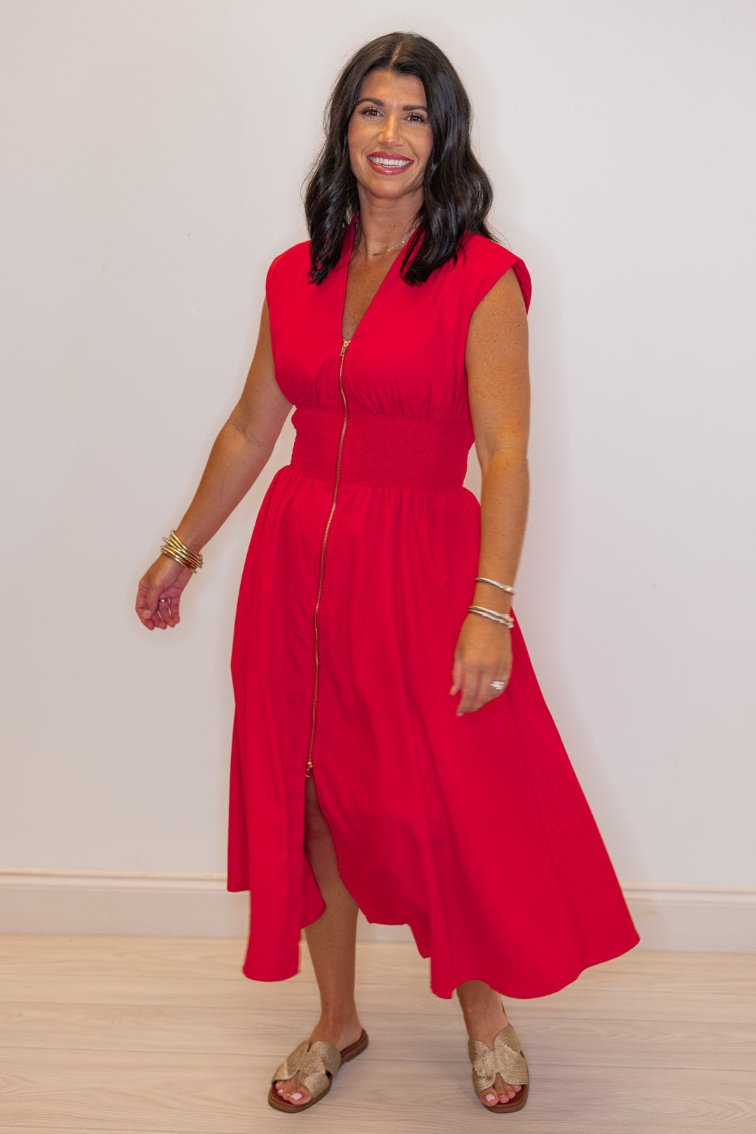 red smocked waist zipper midi dress