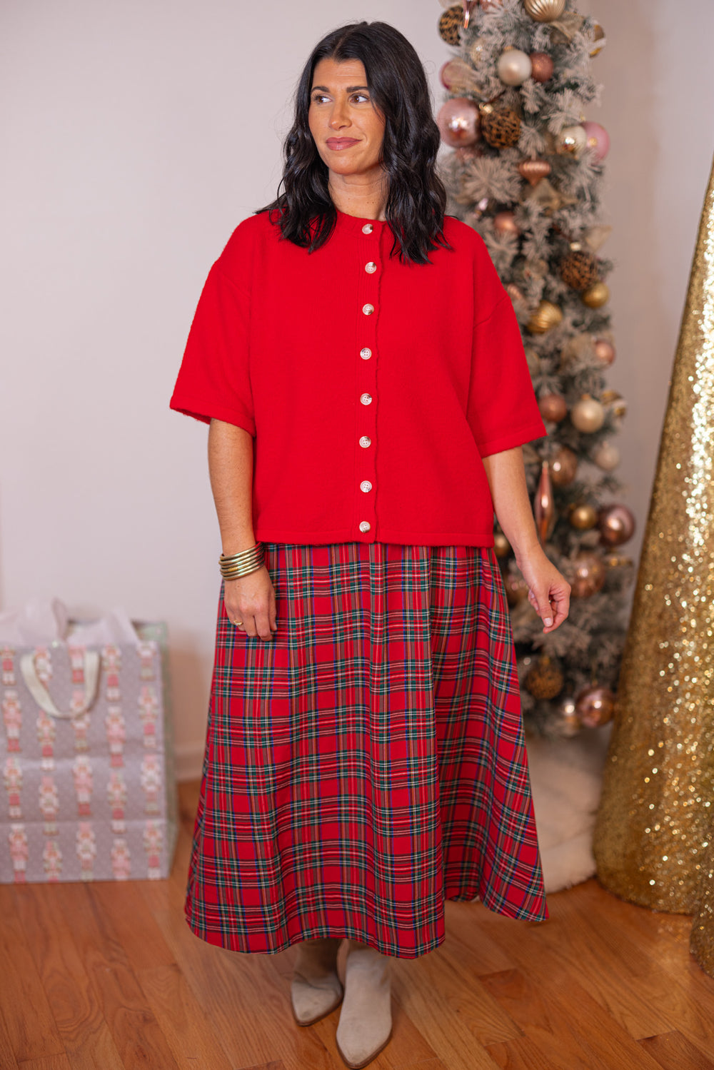 Women's red brushed sweater knit button front top by Wishlist showing full front view