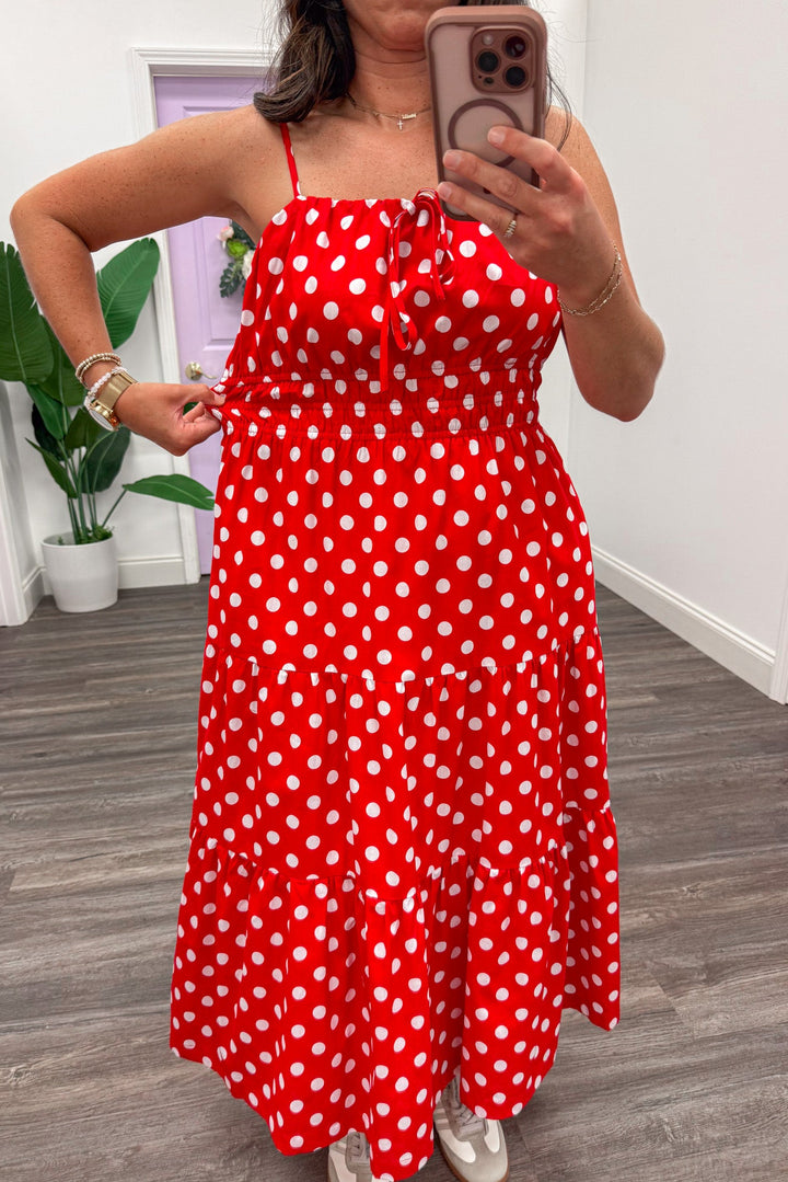 red with off white polka dot print sleeveless wide smocked waist square neckline midi dress