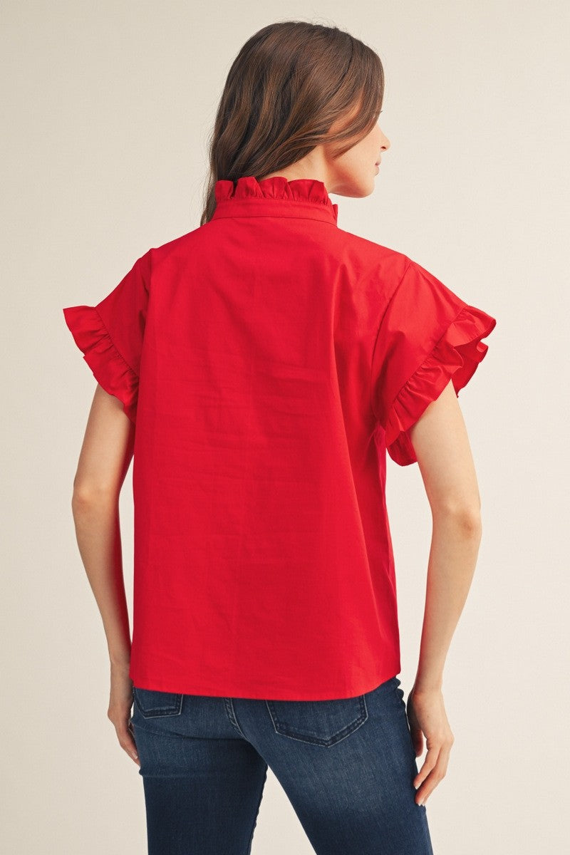 red poplin cotton ruffled trim top for gameday