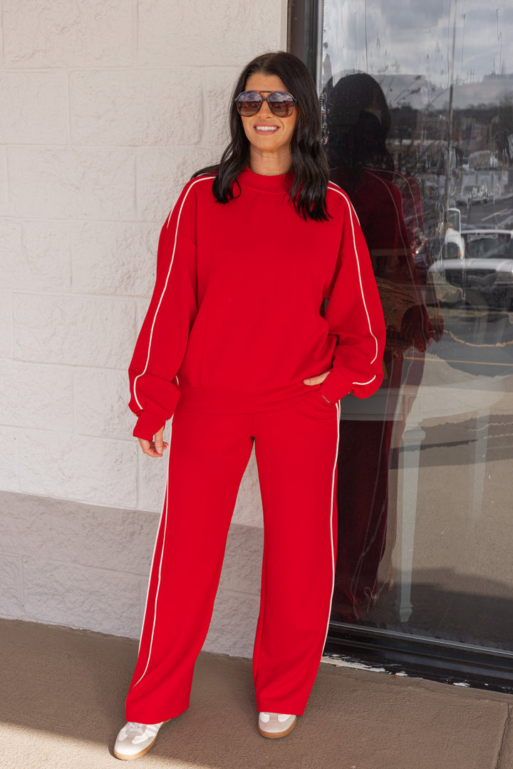 Women's red and ivory scuba knit straight leg pants by Rae Mode