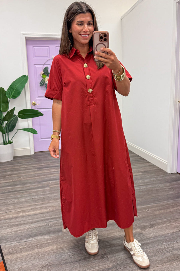 solid brick red with decorative gold button snap bodice short sleeve midi dress