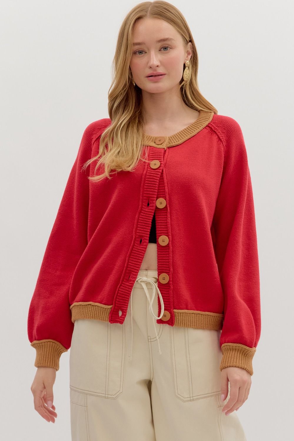 Women's red button front sweater knit cardigan with caramel buttons and trim by Entro