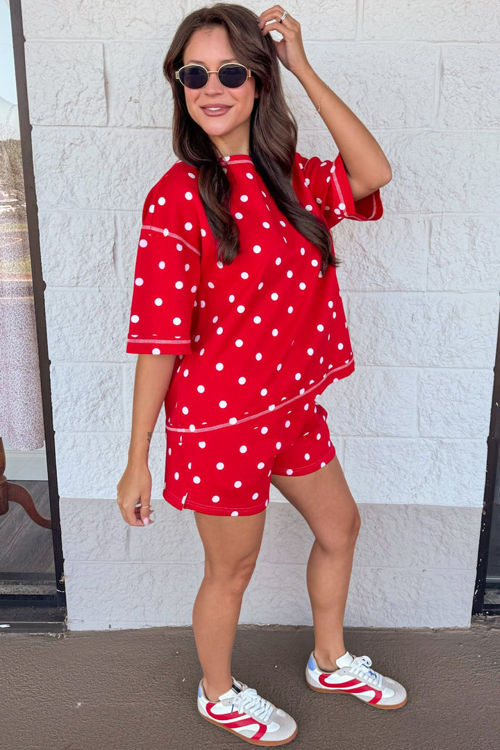 red with white polka dot print top and shorts matching knit loungewear set