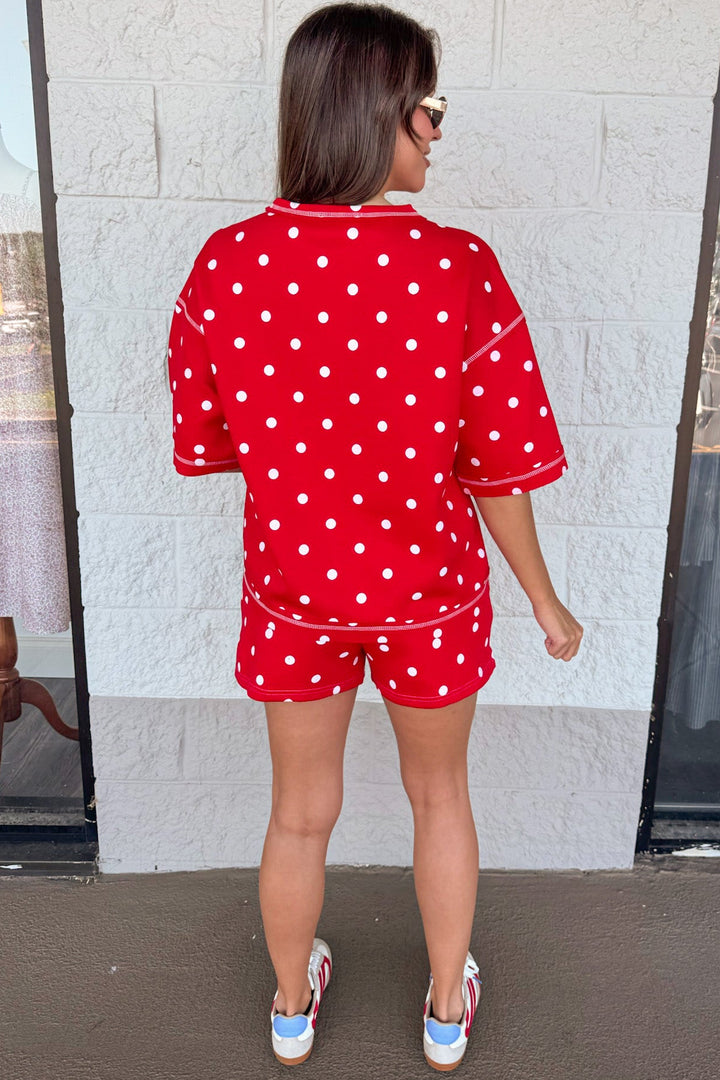 red with white polka dot print top and shorts matching luxe knit athleisure set