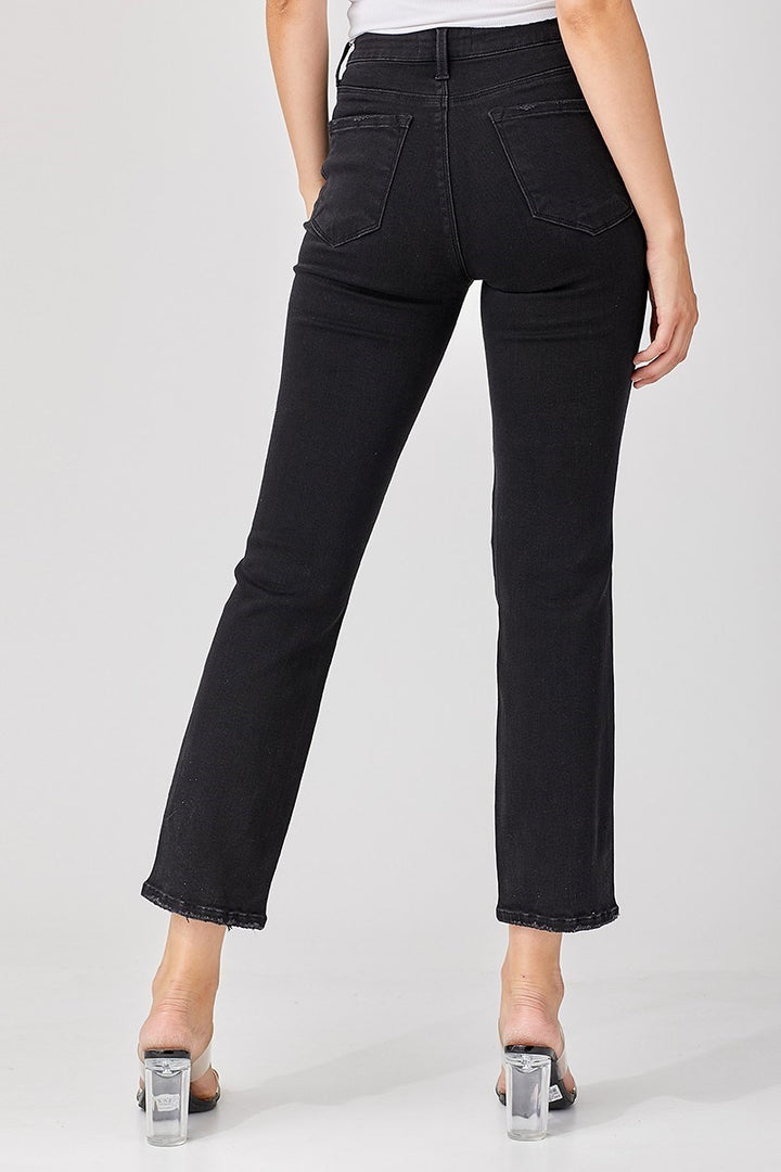 risen black distressed denim jeans