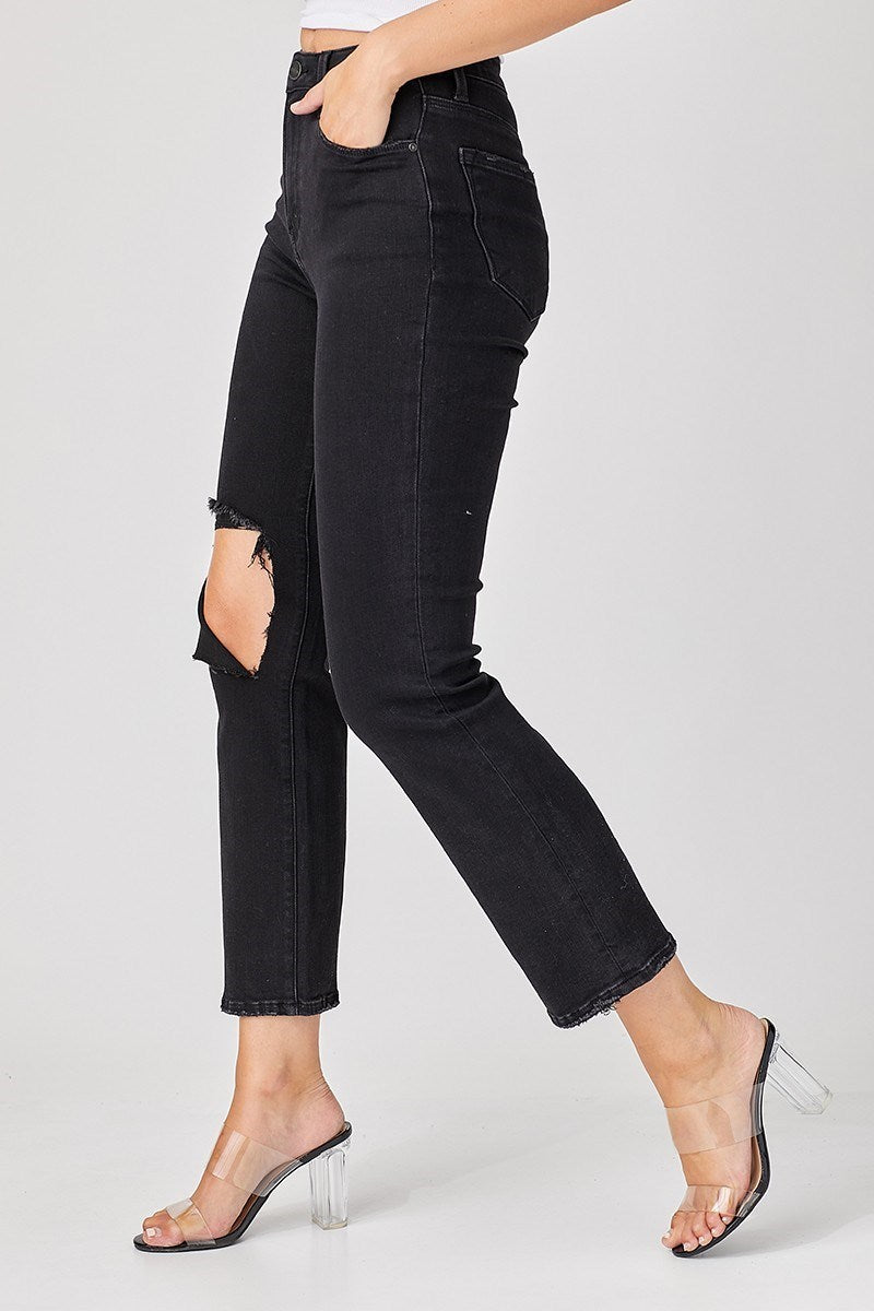 risen black distressed denim jeans
