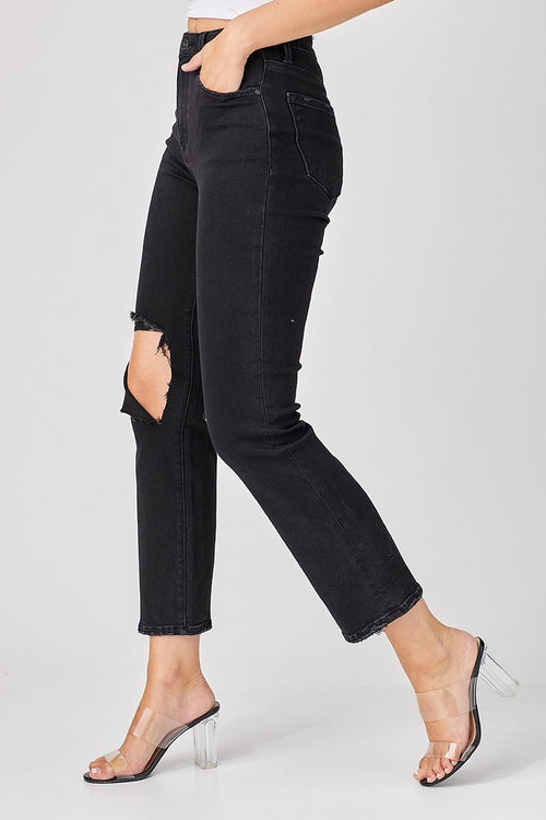 risen black distressed denim jeans
