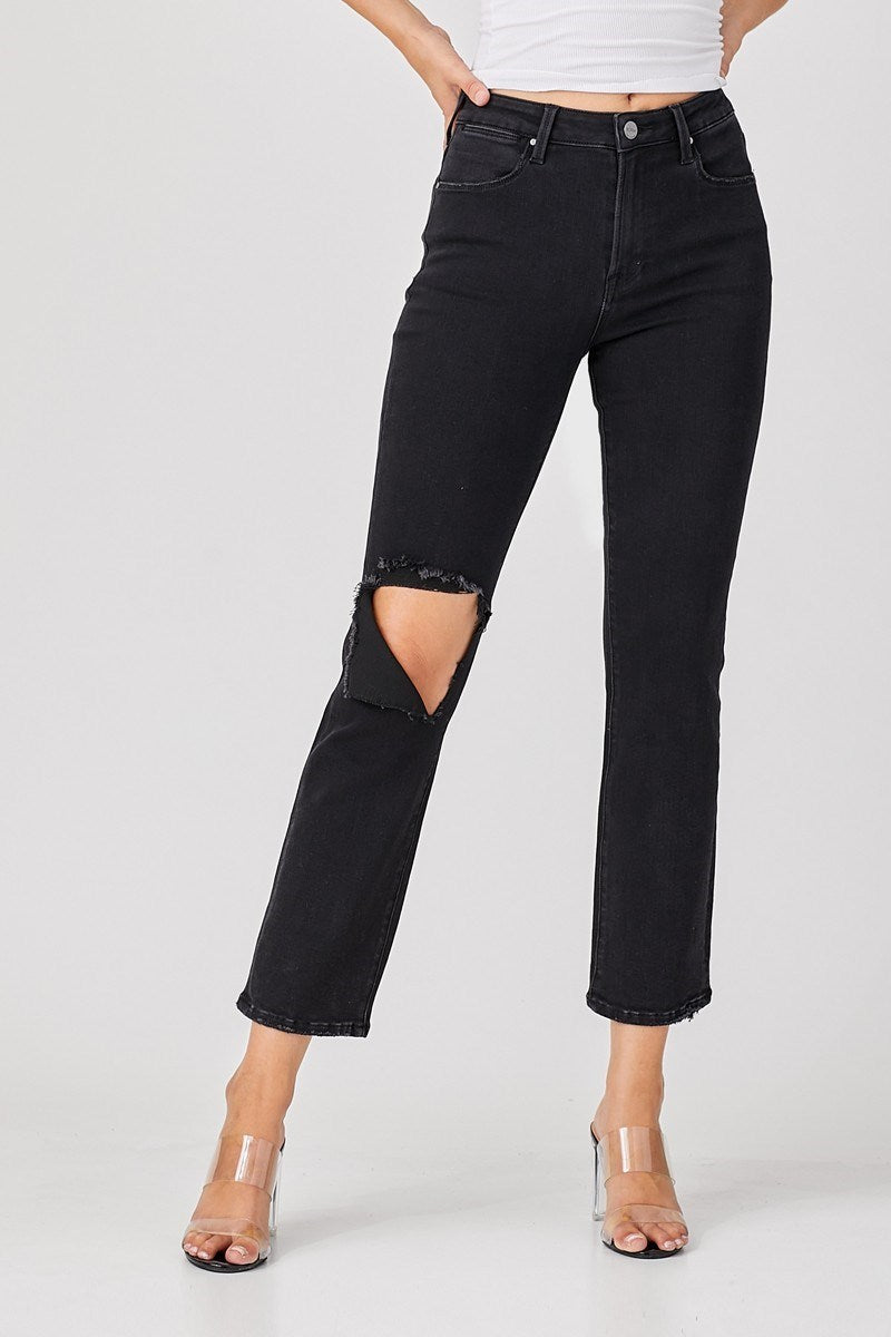risen black distressed denim jeans