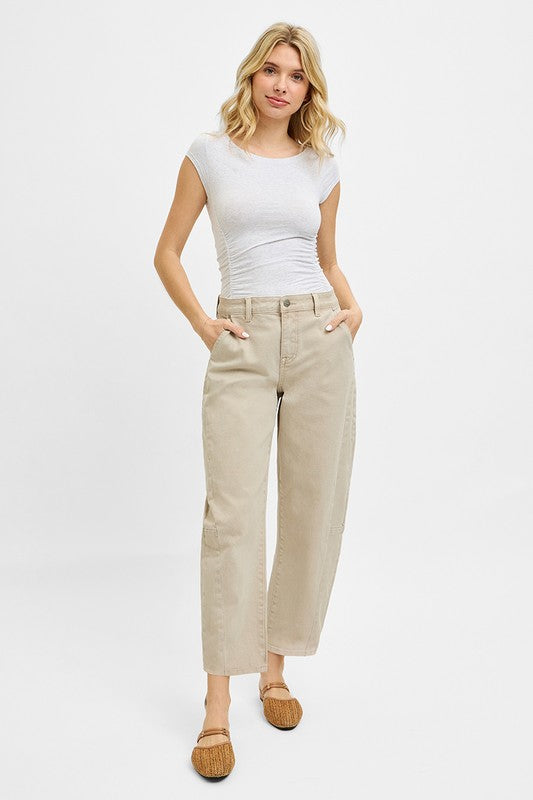 Risen Jeans almond denim barrel jeans with no rips showing full front view