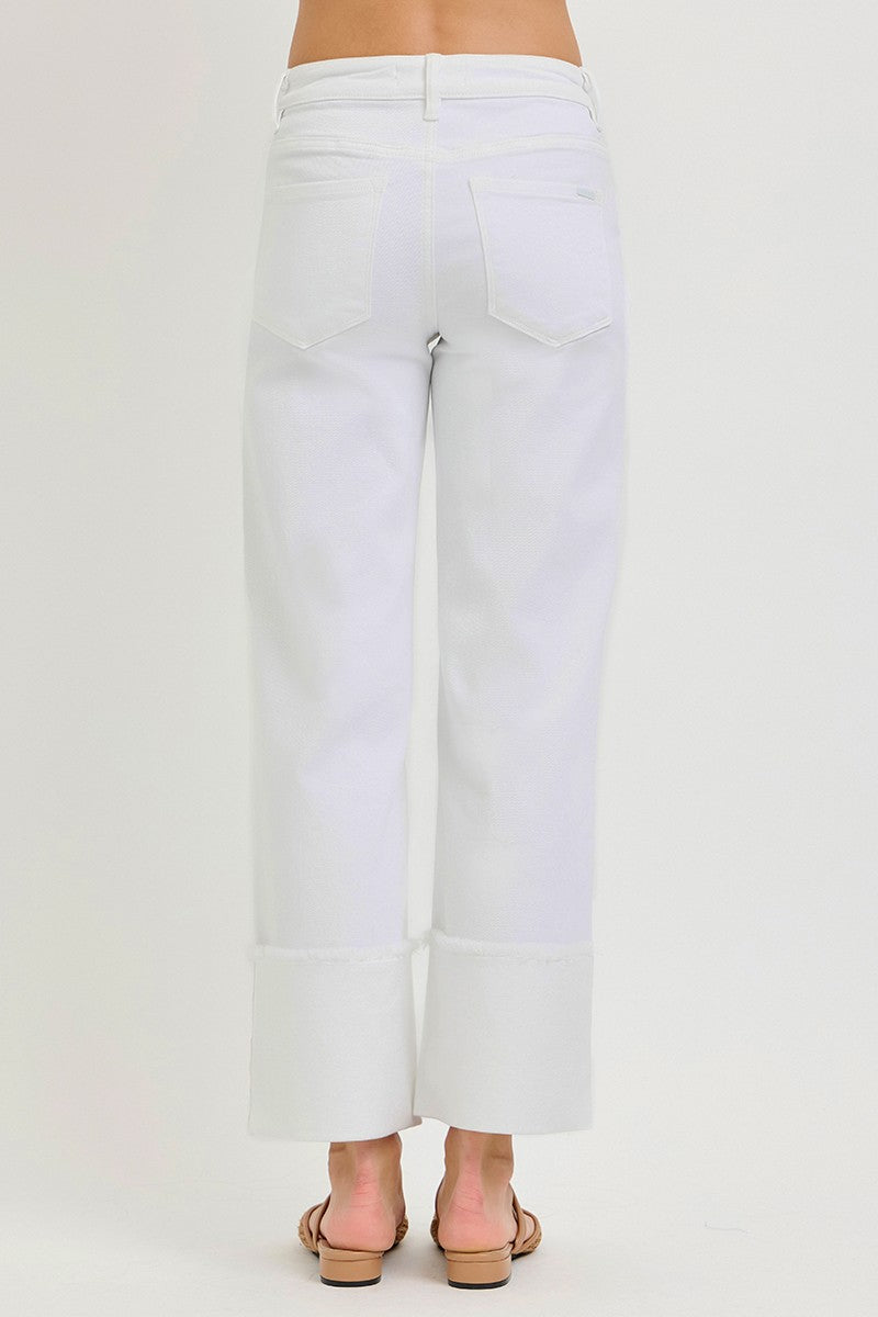 risen jeans white wide leg cuffed hem
