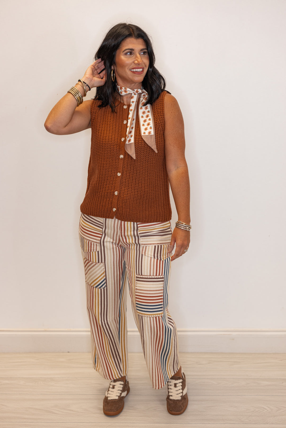 Women's trendy cream washed twill barrel pants with multicolor and multi patterned stripes by Fantastic Fawn