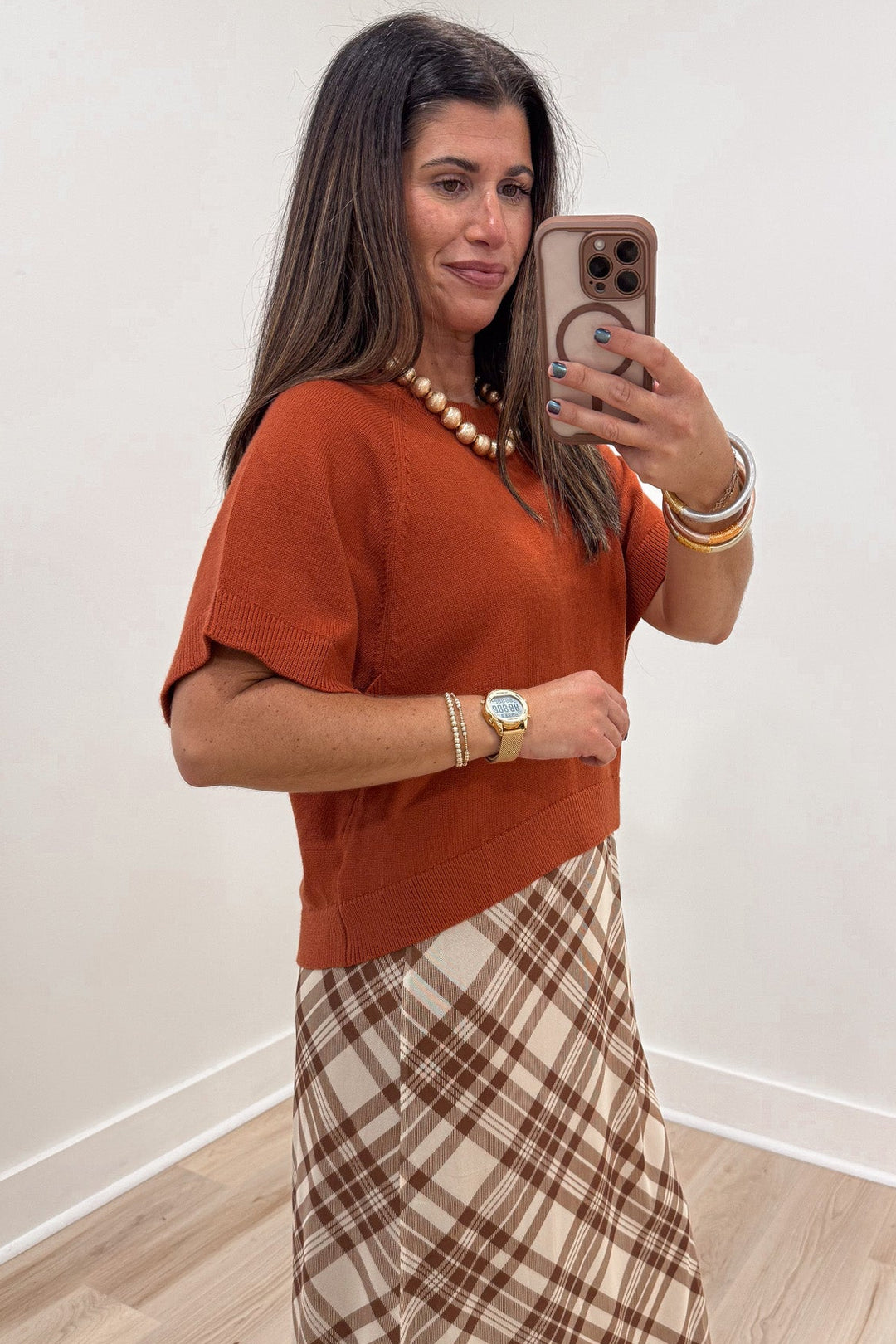 solid rust orange short dolman sleeve crew neckline semi-cropped knit sweater top