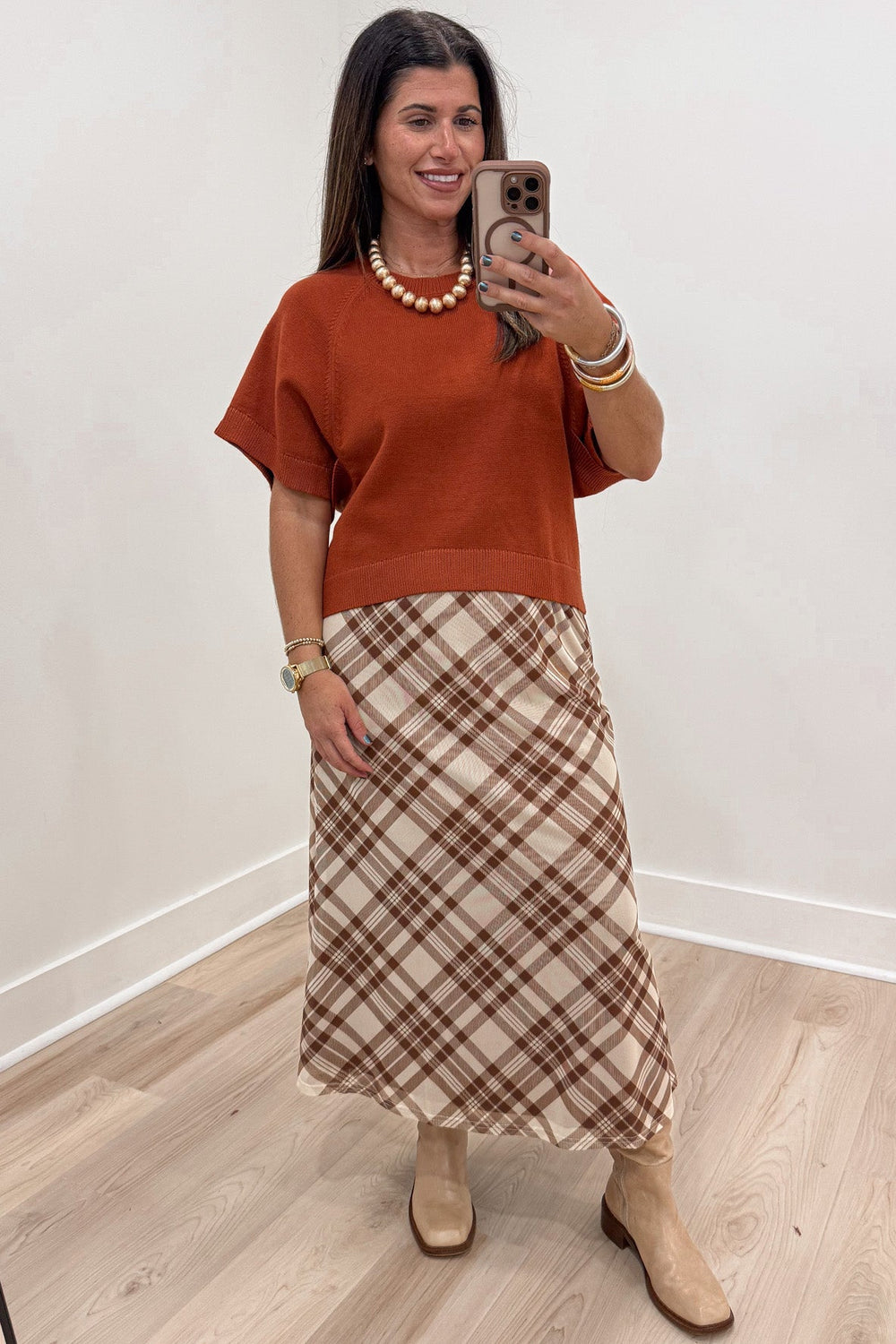 solid rust orange dolman sleeve crew neckline semi-cropped knit sweater top with ribbed trim