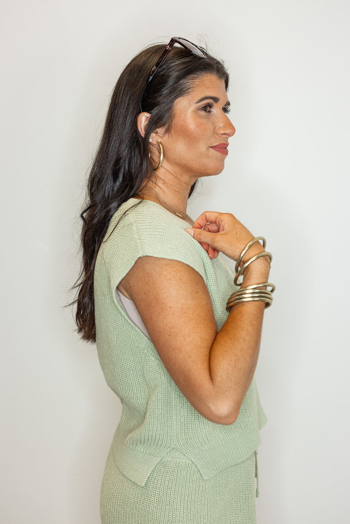 sage green knit shorts top matching set