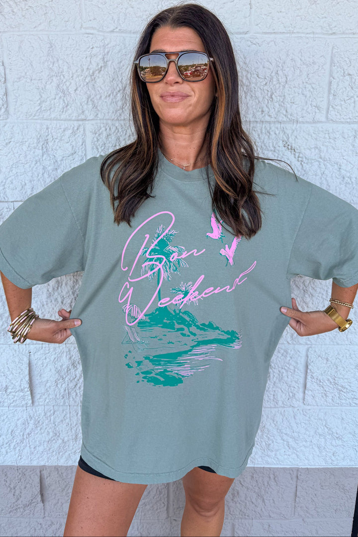 dark sage green with pink bon weekend graphic print short sleeve relaxed fit tee shirt