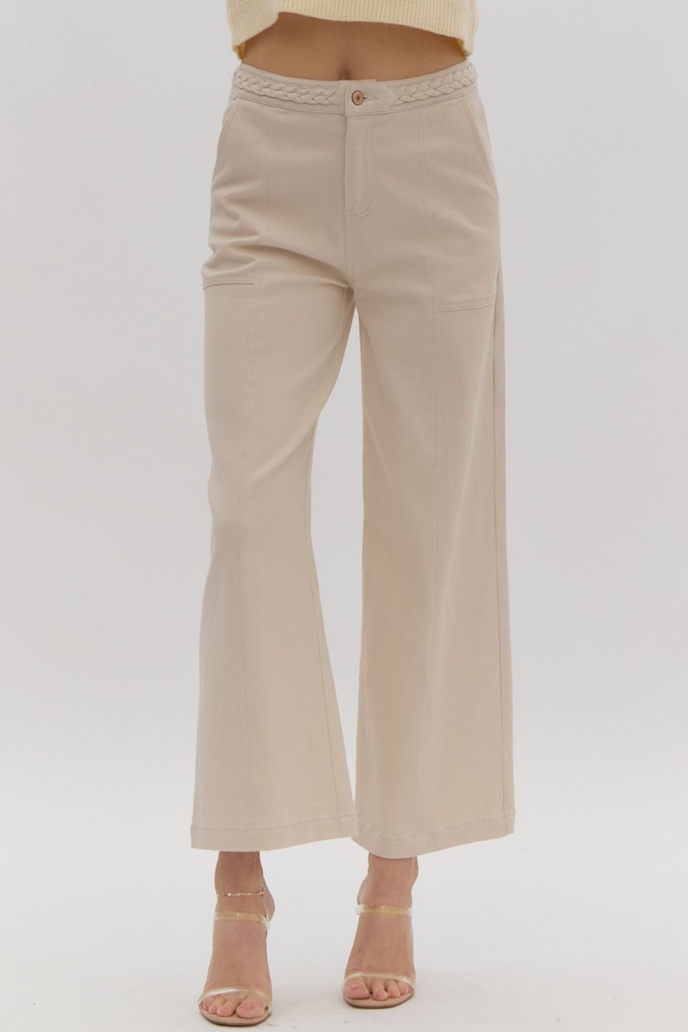 Entro Cropped wide leg denim pants with braided detail at waist in sand