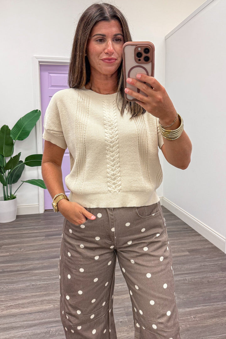 solid sandstone crew neckline short sleeve semi-cropped knit top with textured stitch details