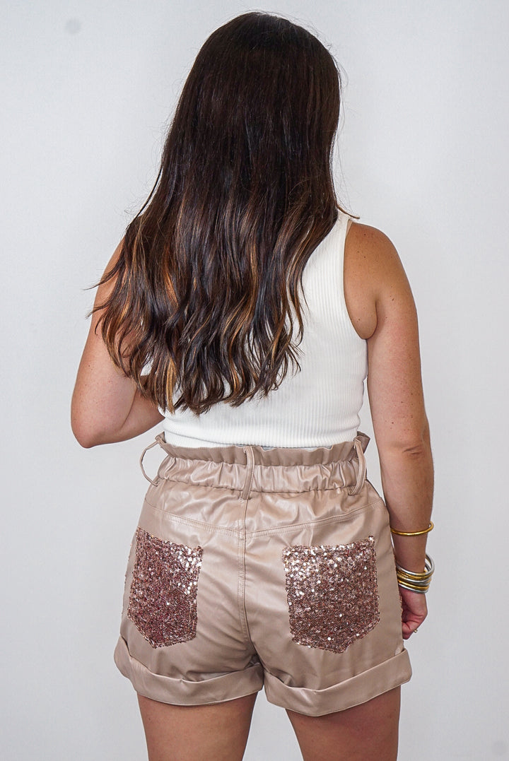 sequin taupe paperbag leather shorts