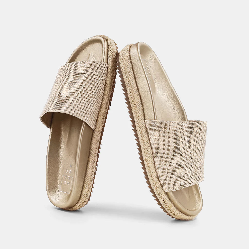 shu shop crisanta gold woven slide sandals