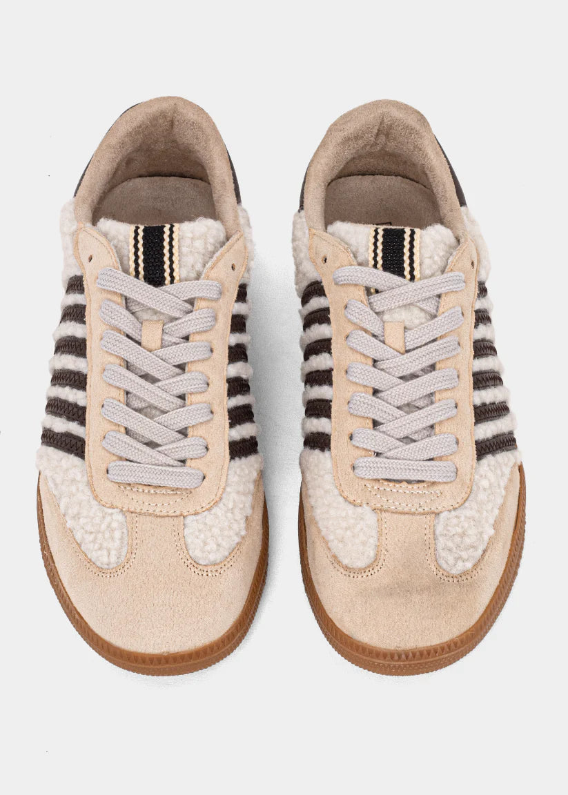 shu shop shearling chocolate brown beige stripe sneakers both