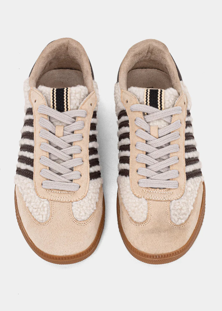 shu shop shearling chocolate brown beige stripe sneakers both