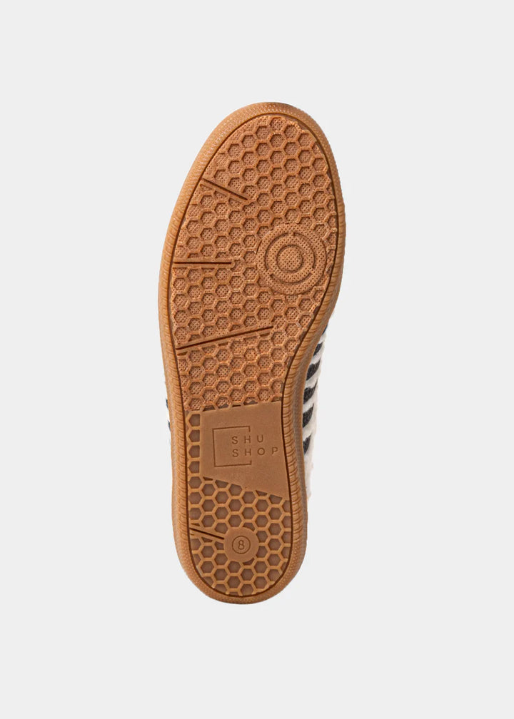 shu shop shearling chocolate brown beige stripe sneakers bottom