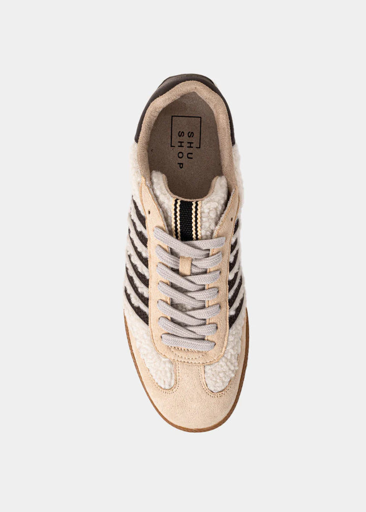 shu shop shearling chocolate brown beige stripe sneakers vertical