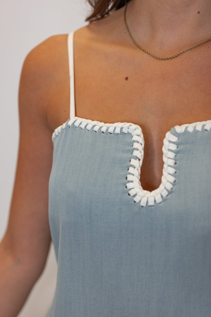light blue white stitching trim short dress