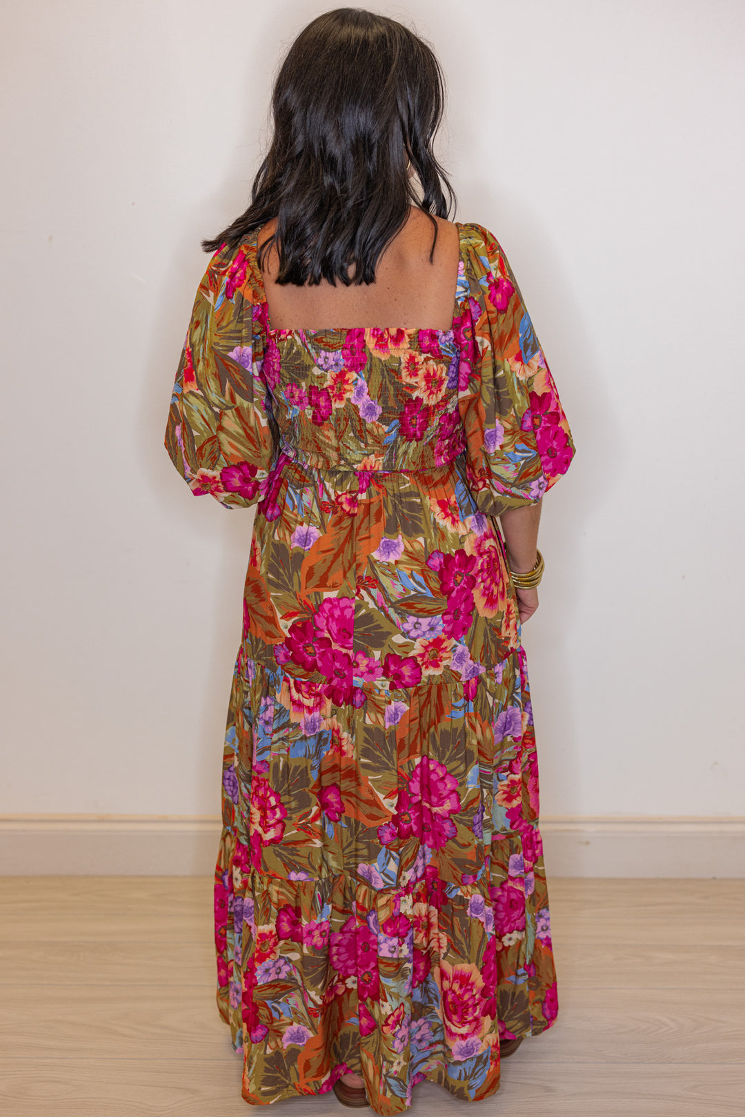 floral smocked chest maxi dress back
