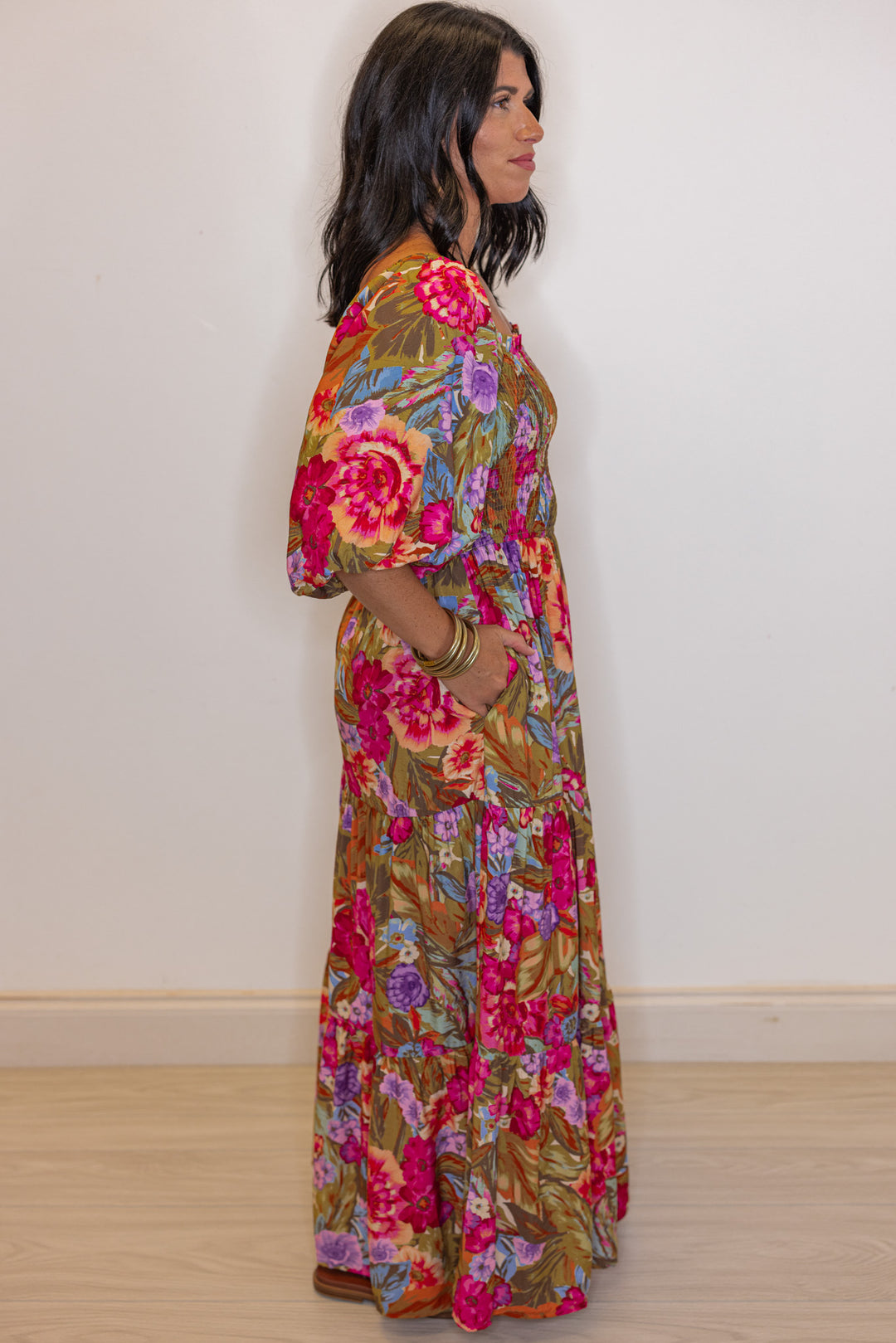 floral smocked chest maxi dress side