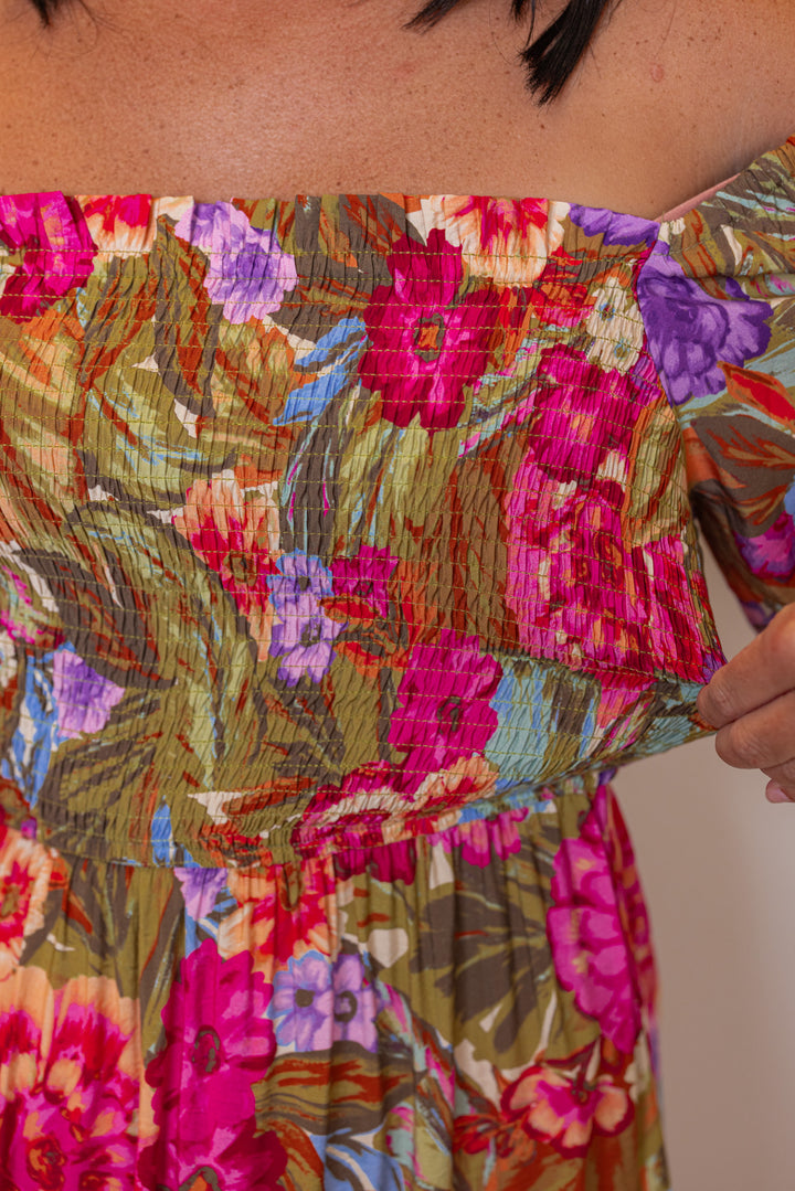 floral smocked chest maxi dress texture