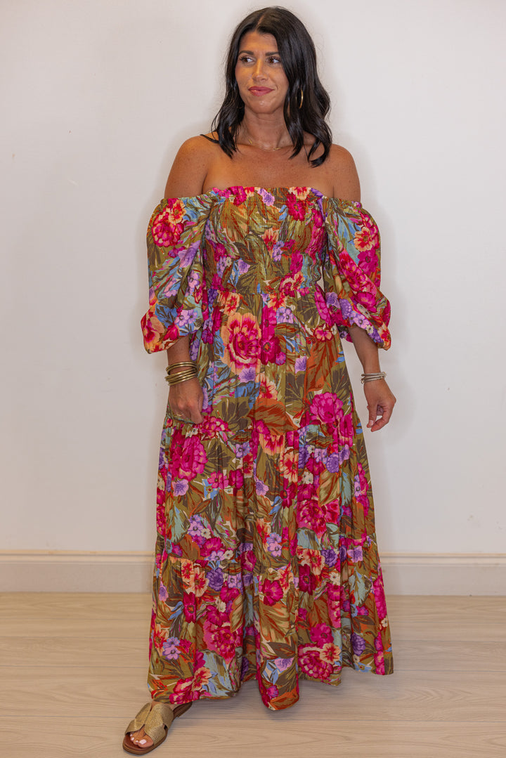 floral smocked chest maxi dress