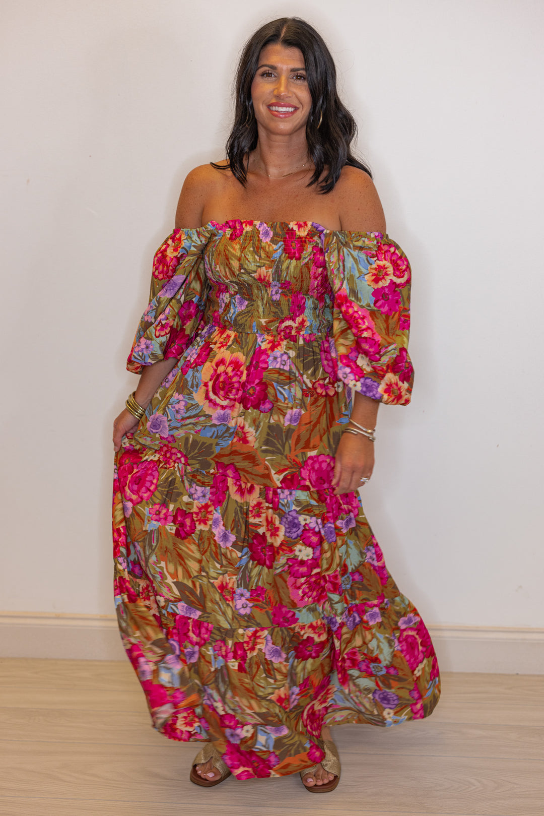 floral smocked chest long dresses