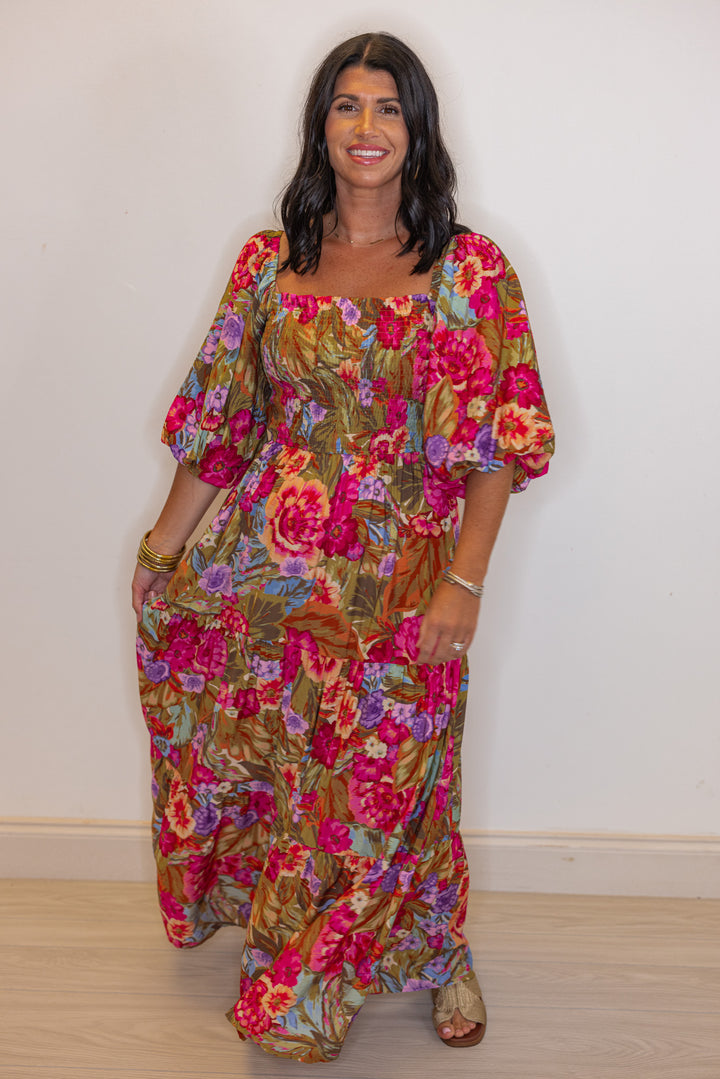 floral smocked chest maxi long length dress