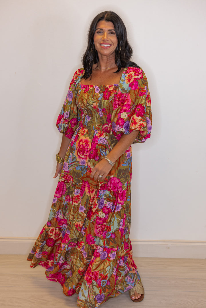 floral smocked chest long maxi dress