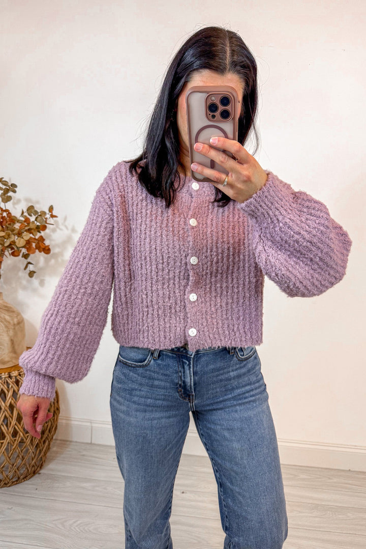 pink purple fuzzy soft knit sweater cardigan