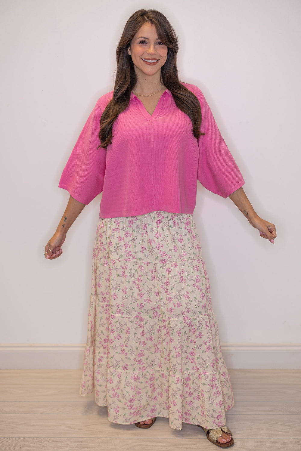 Women's trendy pink ribbed knit top with a collar by Entro