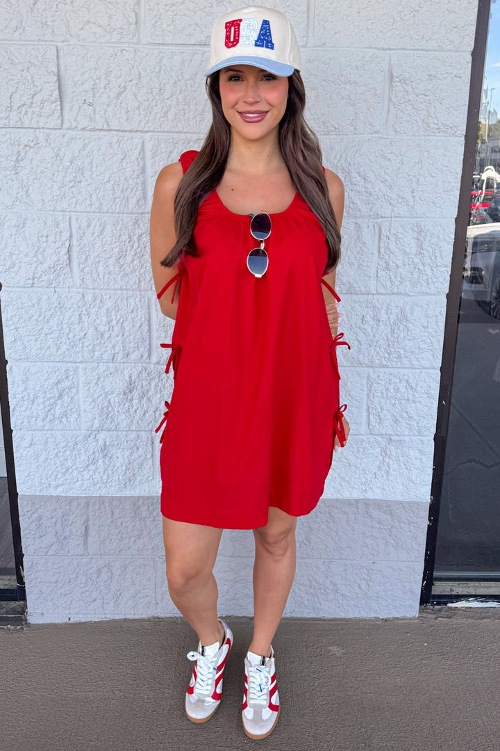 solid red decorative bow tie detail casual linen mini dress