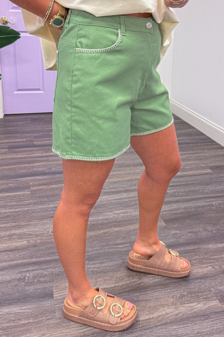 sage green with cream stitching trim details twill shorts with belt loops