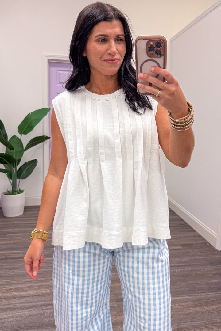 solid white bodice pintuck detail sleeveless cotton top