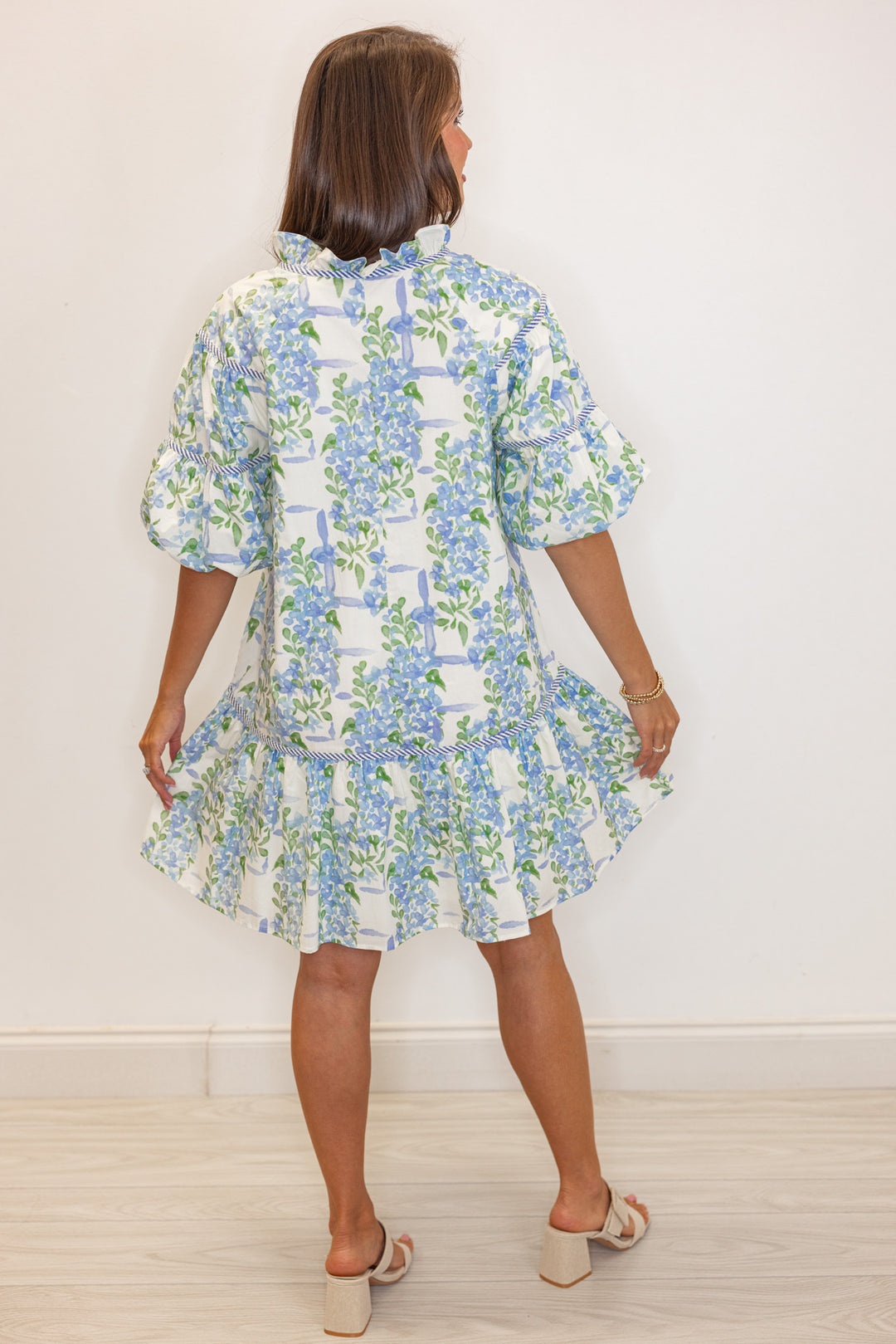 blue green floral printed babydoll dress