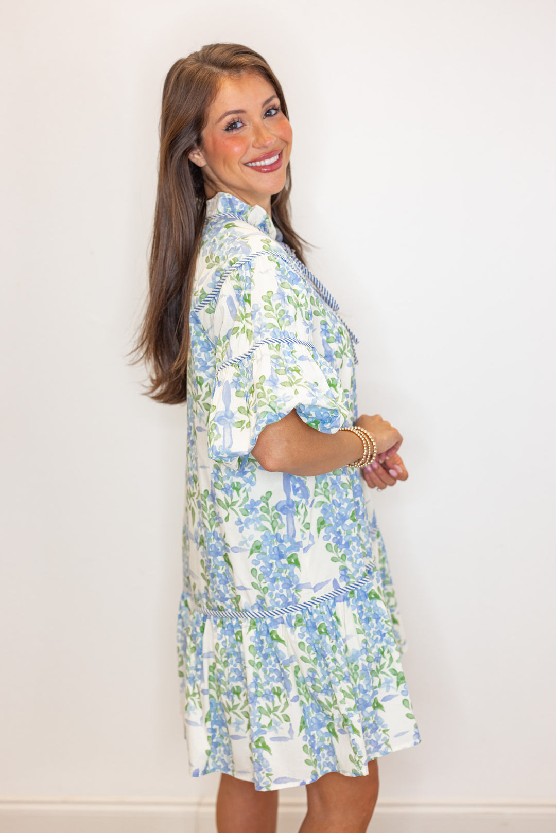 blue green floral printed babydoll dress